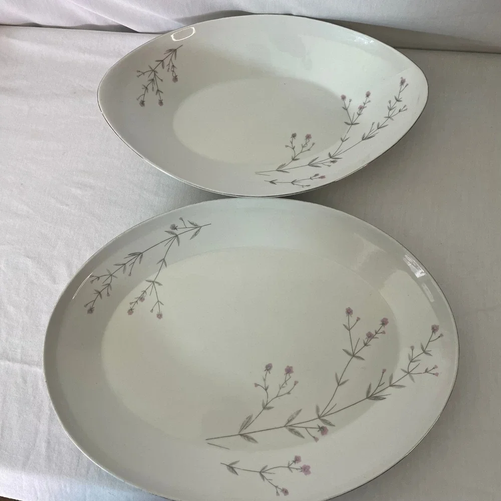 Floral Platinum Trim Oval Serving Platters Set Elegant Dinner Party‎ Decor